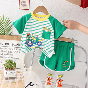 2023 New Children's Suit Baby Cartoon Striped Short-sleeved Suit Girls Summer Casual Shorts Two-piece Set