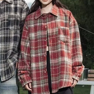 2024 New Super White Black Sanding Plaid Shirt Women's Autumn Loose Casual Lazy Style Shirt Coat Trendy