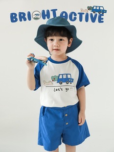 Wurib Boys Summer New Short-sleeved T-shirt Hooded Jacket Loose Shorts Blue Sky Bus Series suit