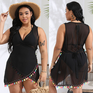 Cross-border supply plus size women's colorful tassel stitching irregular dress cross strap one-piece beach dress
