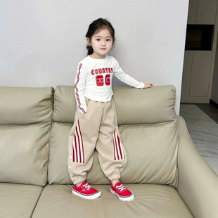 Girls' Autumn New Set: Early Autumn Casual Striped T-Shirt and Outdoor Sports Sweatpants Set for Older Children