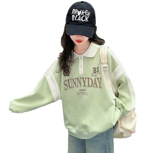 2025 Spring and Autumn Children's Lapel Twist Buckle Sweater POLO Shirt Girls' Letter Printing Patchwork Long Sleeve Top Pullover