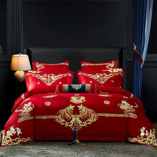 100s long-staple cotton wedding four-piece cotton cotton embroidered festive bed sheet bed cover red wedding bedding