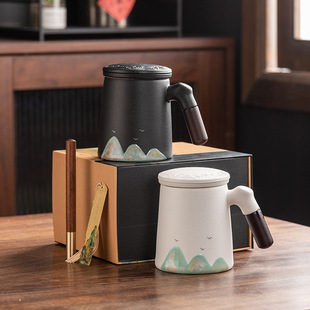 Business simple ceramic cup water cup office Tea Cup three-piece tea separation with lid hand gift logo