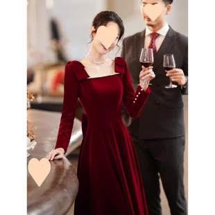 Bride Toast Dress 2024 New Engagement Wedding Dress Retro Elegant Autumn and Winter Style Banquet Back-to-door casual dress