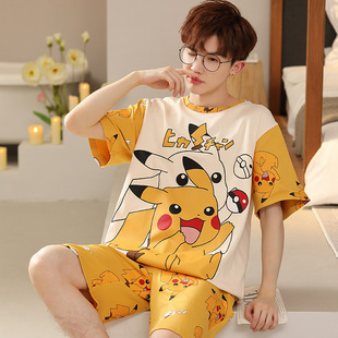 Pajamas Men's Summer Thin Cotton Korean-style Short-sleeved Shorts Cartoon Loose Plus Size suit Outwear