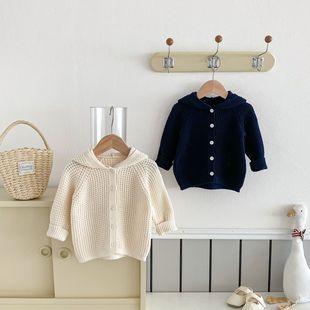 Children's Wear 2024 Autumn Single-breasted Baby Boys and Girls Hooded Sweater Neutral Woolen Bear Cardigan Jacket Top