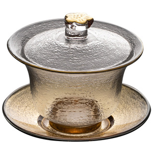 Crystal Glass Three-cap Bowl Gold-tracing Hammer Pattern Tea Maker Tea Cup Household Kung Fu Tea Set Accessories Thickened Not Hot