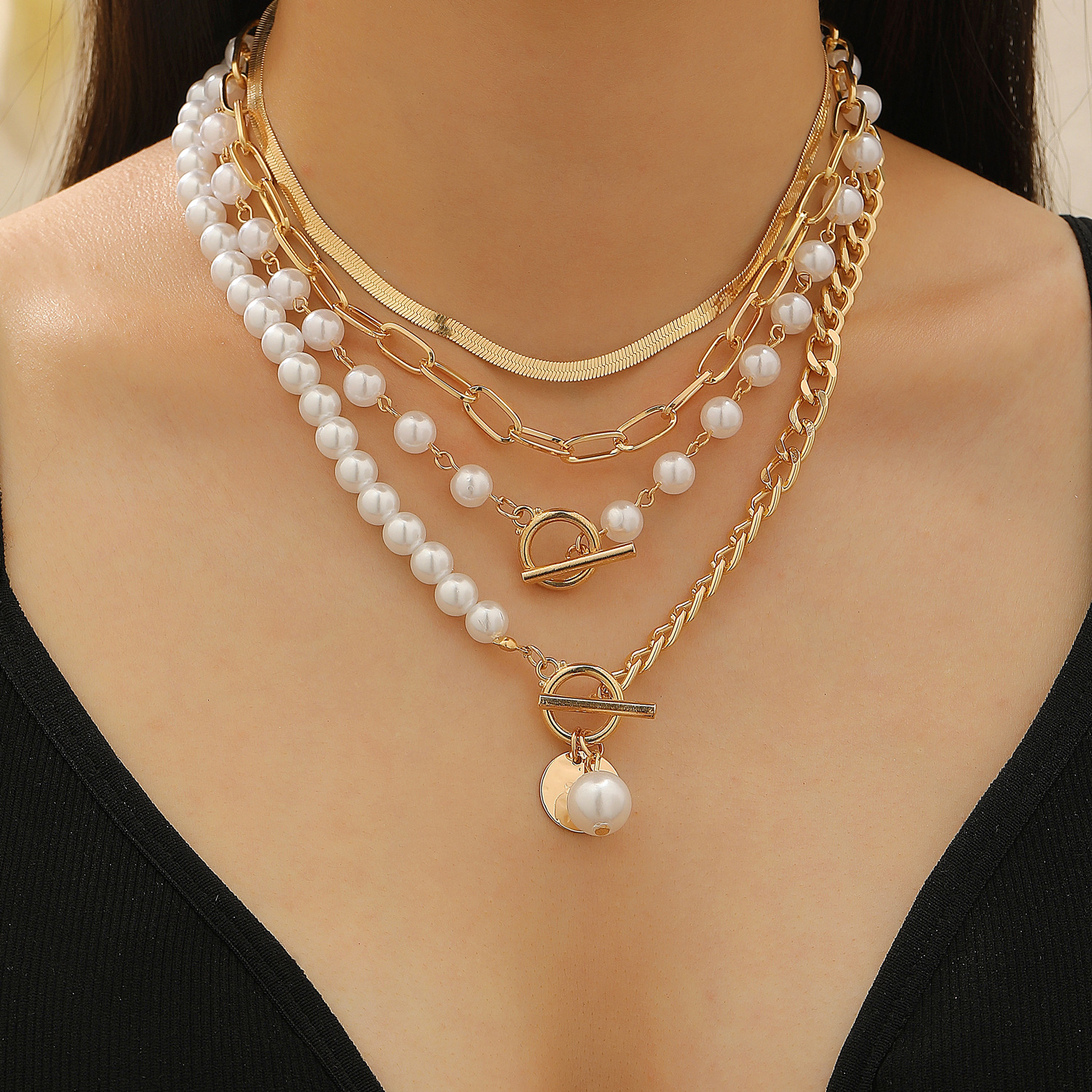 European and American Cross-Border Multi-Layer Chain Splicing Lion Pendant Pearl Necklace Fashionable Stacking Layered Luxury Necklace for Women