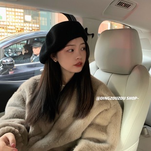 Ten Thousand Years Classic Large Black Wool Beret Women's Autumn and Winter All-match Vintage Warm Painter Hat