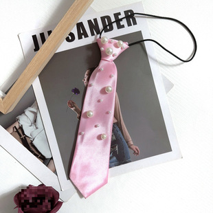Pink Tie Women's Shirt Decoration Handmade Flower Pearl Bow Tie Personalized Academy Style Chanel Style Pearl Chain
