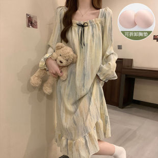 2024 New Long Sleeve Pajamas Women's Nightdress with Chest Pad Autumn Women's Home Clothes Long Princess Style dress