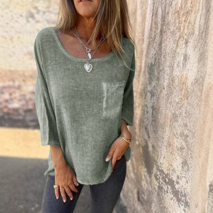 2024 European and American New Independent Station New Explosions with Pocket Casual Fashion Cotton and Linen Round Neck Solid Color T-shirt Women