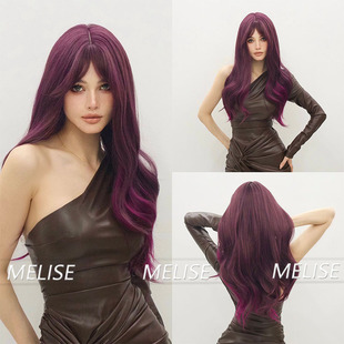Wig Women's Eight-character Bangs Long Curly Hair Fashion Grape Purple Spotted European and American Style Comfortable and Natural Full-head Wig
