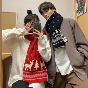 Autumn and Winter Elk Christmas Scarf Female Students Korean Double-sided Wool Knitted Jacquard Antlers Christmas Tree Scarf