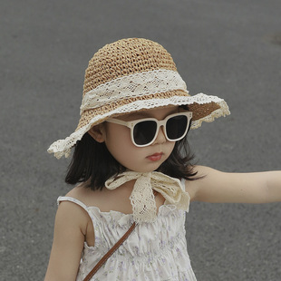 Summer Children's Straw Sun Hat Lace Ribbon Anti-ultraviolet Fisherman Hat Breathable Western Style Princess Hat