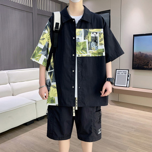 Summer Thin Casual suit Men's Half Zipper Short-sleeved Shorts Two-piece Set Fashionable Loose Trendy Men's Set Collocation