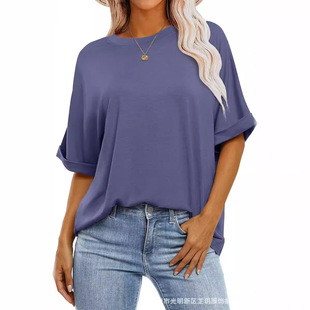 Amazon European and American cross-border foreign trade 2024 spring and summer new solid color round neck loose short sleeve T-shirt top for women in stock