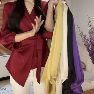 Light Mature Satin New French Style Unique Design Strap Purple Slim Fit Top Shirt Shirt Tight Waist Niche