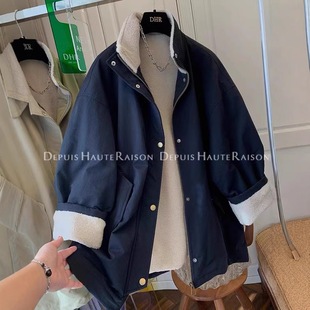 Super Good-looking Tooling Style Lamb Wool Cotton-padded Jacket Loose Warm Coat Mid-length Coat Women 2024 Winter