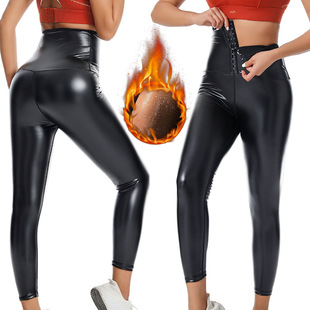 European and American Cross-Border New Black Leather Buttoned Pants High-Waisted Tight Yoga Leggings Fitness Beautiful Legs Tummy Control Shapewear Pants