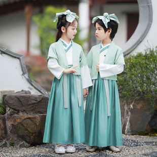 Оптовая продажа Hanfu для мальчиков и девочек, китайский костюм, детский древний костюм, каллиграфия, Детская церемония открытия, трехсимвольный костюм для выступления сутры