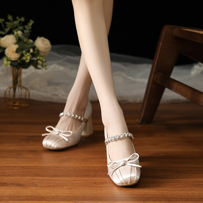 X510 Bow One-Line Ballet Style Shoes with Rhinestones Mary Jane Women's Shoes Small Fragrant Style Thick Heel High Heels Women's High Heels