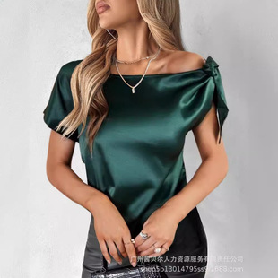 Foreign trade 2024 women's shoulder lace-up asymmetric neckline satin top JCK0043