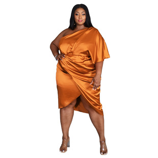 AP7078 European and American Fashion Large Size Women's Clothing Amazon Nightclub Pleated Zipper Asymmetric Single-Side Sleeve Light Skirt