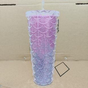Factory Direct Supply Double Layer Plastic Cup Straight Tube Cup Fashion Colorful Fish Scale Cup Large Capacity Durian Cup Water Cup Straight Tube Cup