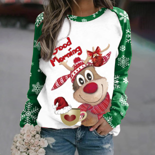 2024 Amazon Autumn and Winter New Women's Christmas Elk Digital Print Pullover Raglan Sleeve Crewneck Sweater