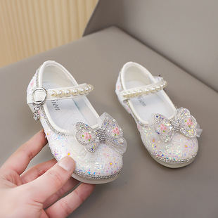 2025 Crystal Princess Shoes Spring Western-style Bow Children's Leather Shoes Little Girl Flat Baby Shoes All-match