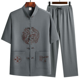 Summer Tang Suit Men's Ice Silk Short-sleeved suit Thin Casual Jacket Dad Suit Handmade Buckle Hanfu Grandpa Suit
