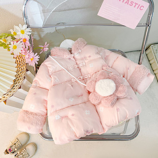 Girls' Flower fleece-lined Cotton-padded Coat Autumn and Winter 2024 Winter New Fashion Baby Girl Thickened Cotton-padded Coat for Children