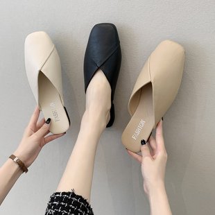 Slippers Women's 2022 New Women's Shoes Summer Korean-style Square Toe Baotou Half Slippers Women's Flat Slippers with 43 Large Size for Women