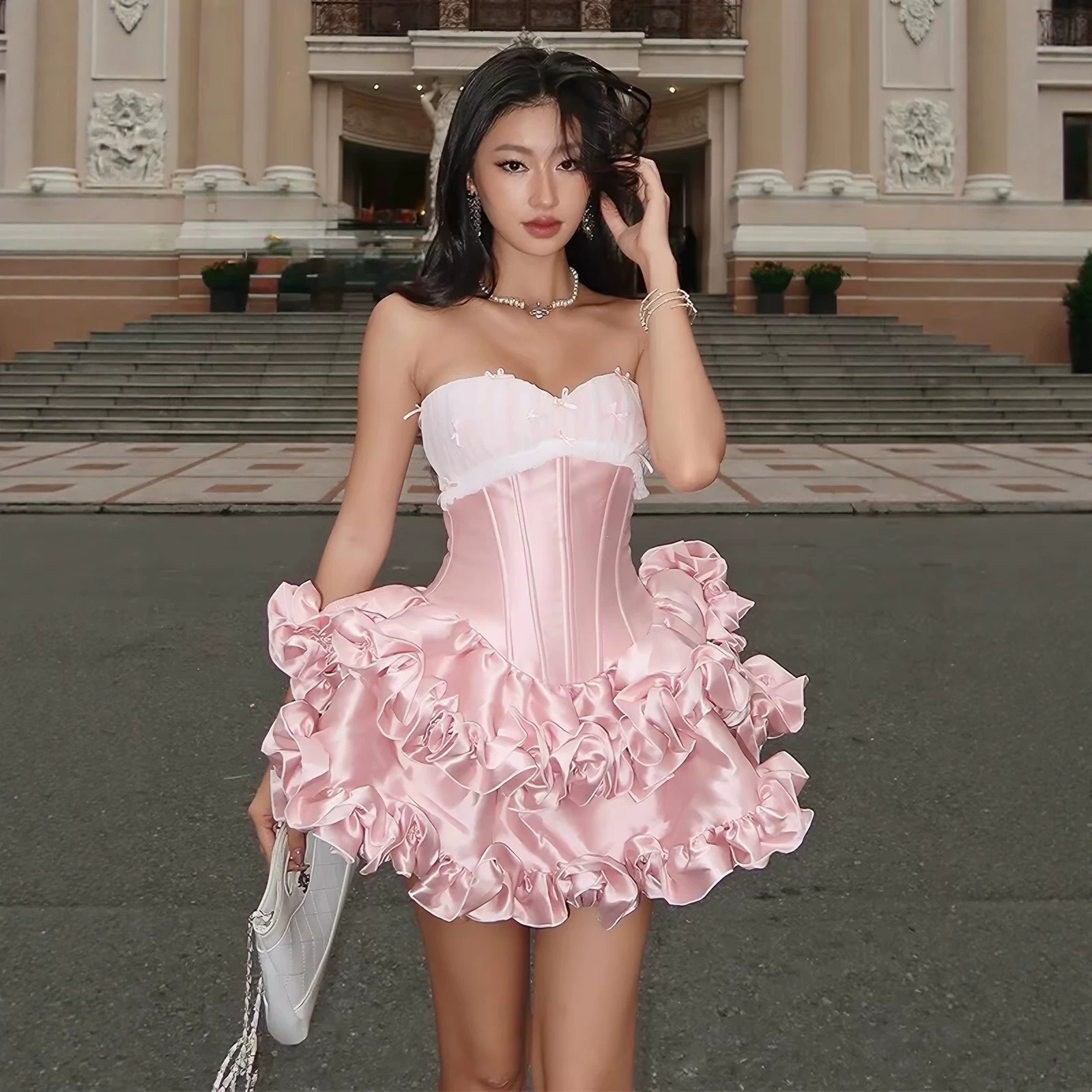Cross-border European and American style dress, French-style fishbone corset, fitted bodice, bow detail, elegant short tutu skirt for birthday parties