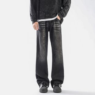 LKTM Men's Wear# Autumn and Winter Advanced Wash Black Micro-La Jeans Men's and Women's American Street vibe Long Pants