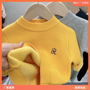 Children's Sweater Autumn and Winter New Boys' and Girls' One-piece Velvet Knitted Baby Base Shirt Black Top fleece-lined Trend