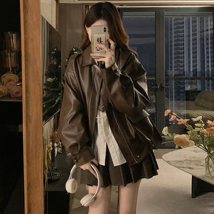 Ancora Red Leather Short Coat Female Student 2024 Spring and Autumn New American Style Retro Baseball Suit Leather Jacket Top