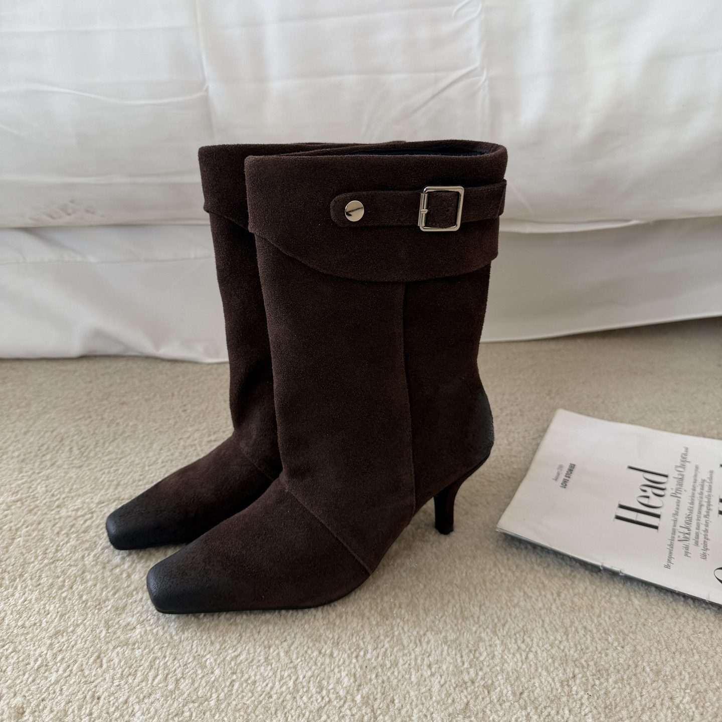 2026 New Four-Season Style Maillard Cow Suede Color-Washed Square-Toe Short Boots Versatile 5cm Thin Heel Belt Buckle Western Boots