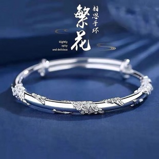 High-quality white copper silver-plated thickened flower-like brocade bracelet women's solid bracelet ethnic style three-Flower push-pull bracelet