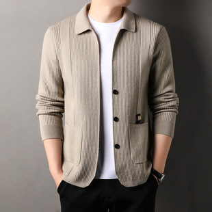 Knitwear Middle-aged and Elderly Men's Cardigan Sweater 2024 Spring and Autumn Casual Top Dad Lar Jacquard Solid Color Jacket