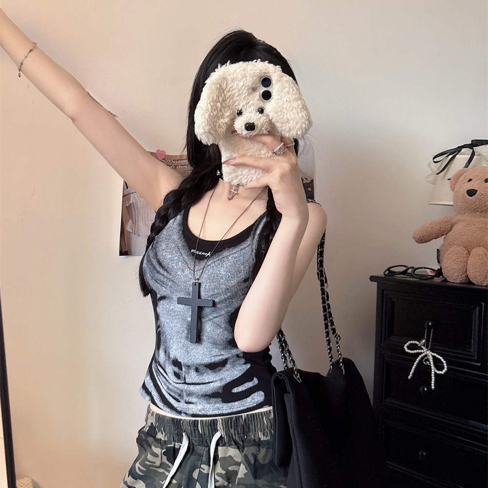 6996 American Hot Girl Hits the Street with Contrasting Color Printing Design Camisole Women's Summer New Slim Short Top