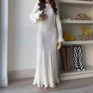 Autumn 2024 New European and American Cross-border Amazon Cross-border Solid Color Crewneck Long-sleeved Slim-fit Ear-edged Dress for Women