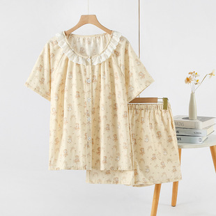 Factory wholesale summer princess style short sleeve shorts lace floral sweet girl pajamas home clothing set foreign trade