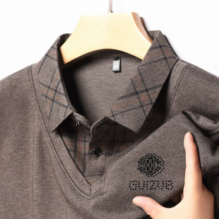 Cross-border Foreign Trade POLO Shirt Men's Spring and Autumn Fake Two-piece Plaid Long-sleeved T-shirt Dad's Casual Lar Top