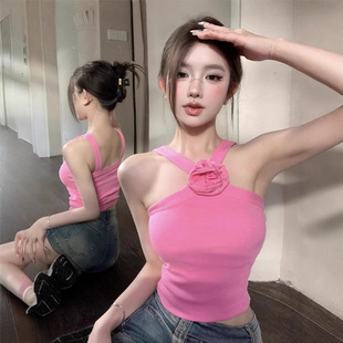 Pink Three-dimensional Flower Design Sleeveless Shoulder Camisole Women's Summer Sweet and Hot Short High Waist Tight Top