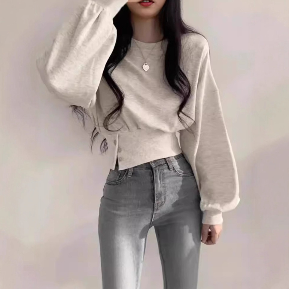 한국 세련된 가을 틈새 디자인 크루 넥 버클 허리 슬리밍 긴 소매 짧은 풀오버 스웨터 탑