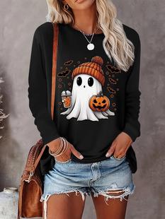 European and American Cross-border Spring Autumn Winter Women's Printed Long-sleeved Halloween Christmas Thanksgiving Loose Casual Daily T-shirt