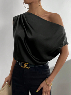 2024 Europe and America Amazon Cross-border Women's Summer New Fashion All-match Oblique Collar Pinch Pleated Shoulder Asymmetric Vest